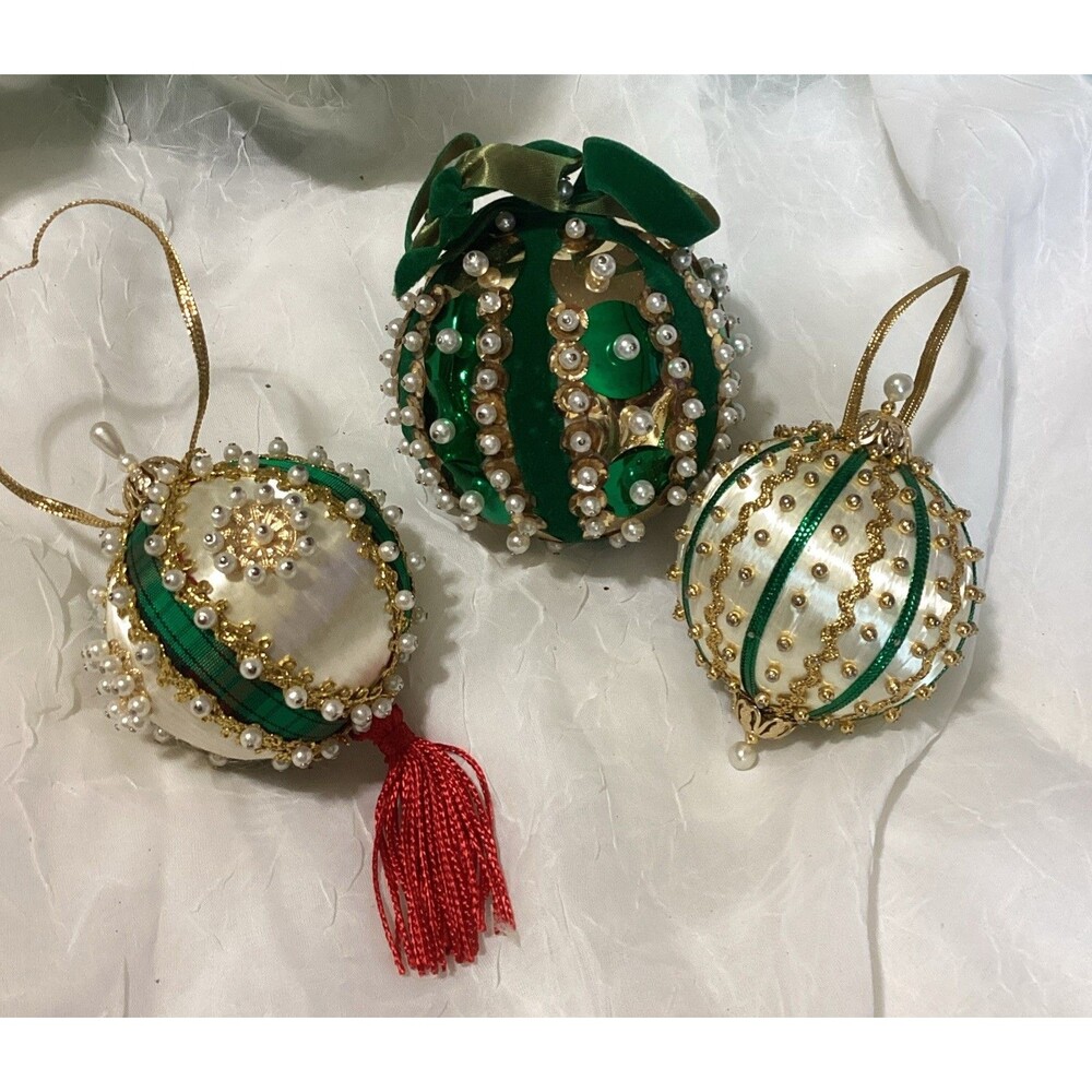 Vintage Handmade Beaded Ornament Push Pin 3 Green Gold Beautiful Victorian